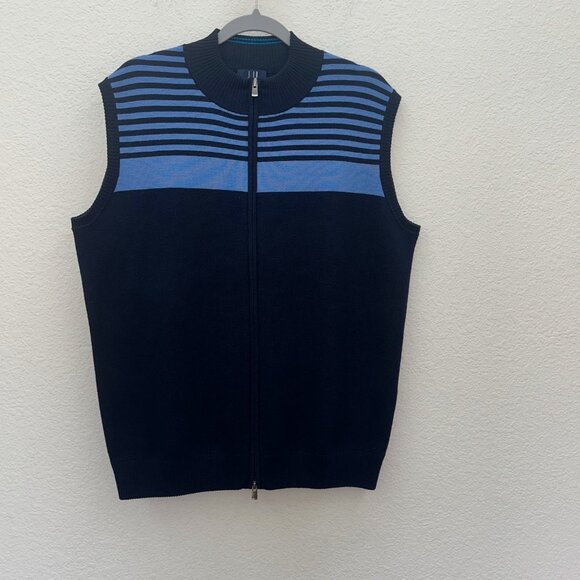 Dunhill Links Blue Stripe 100% Wool Knit Full Zip Golf Vest Mens size Large - Picture 1 of 9
